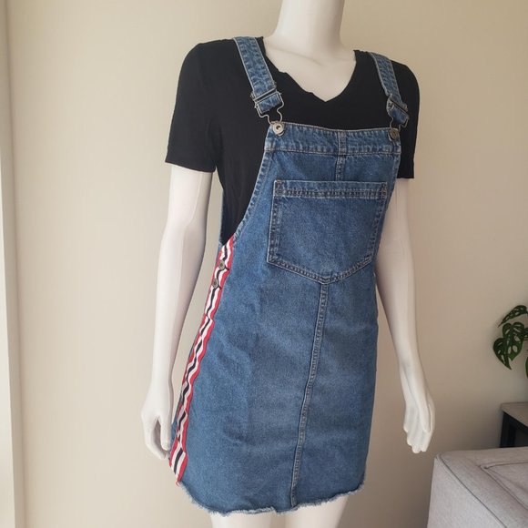H&M Divided A-line Denim Jean Side Striped Overalls Romper Dress - Picture 1 of 12